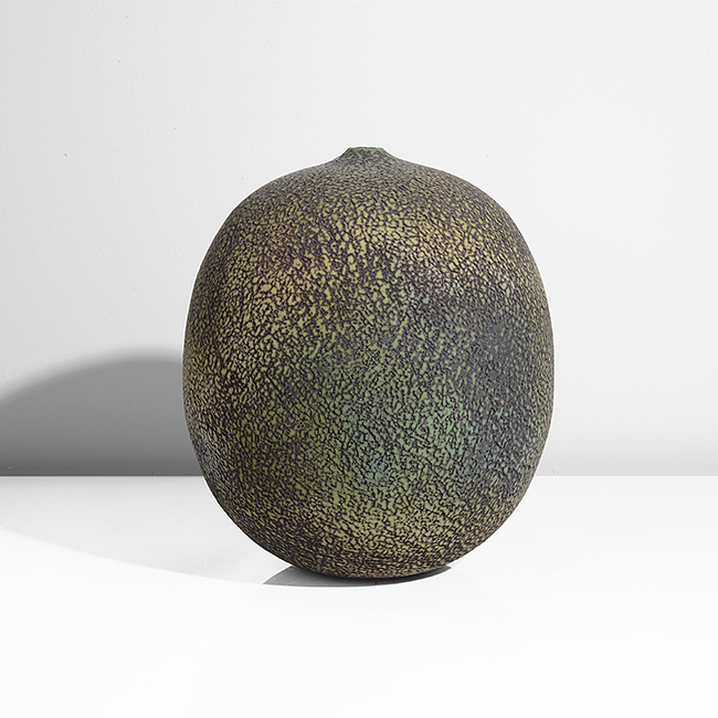 A green and brown stoneware vessel made by Erna Aaltonen in 2007