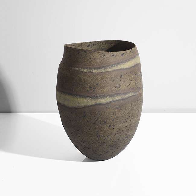 Maak, Jennifer Lee | Stoneware, mixed clays and oxides, mottled olive green, brown and black body with integral spirals in pale green, brown and black, tiny raised dots to a lightly textured surface, log number JL-401/80