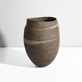 Maak, Jennifer Lee | Stoneware, mixed clays and oxides, mottled olive green, brown and black body with integral spirals in pale green, brown and black, tiny raised dots to a lightly textured surface, log number JL-401/80