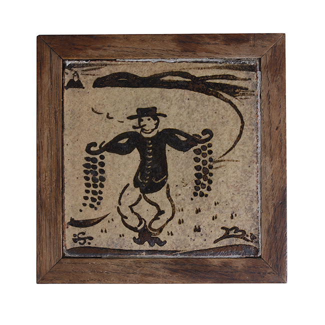A tile with 'onion seller' design made by Bernard Leach sold at auction by Maak