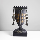 Maak | John Maltby ceramic stoneware, dark grey glaze highlighted in gold, figure head of a queen with crown set with articulated earrings, mounted on a wooden plinth, impressed makers mark, painted title and signature