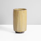 Raku, dark grey body with thick yellow crackle glaze, strong green splashes and black deposits to the surface, the rim unglazed, impressed IR seal