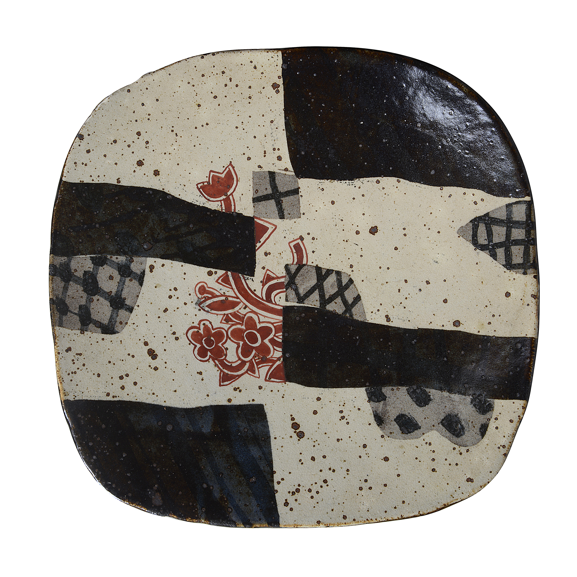 Maak | John Maltby ceramics stoneware, cream slip with abstract blocks painted in black, grey and navy blue, the centre block painted as a vase with brush painted flowers in red, iron splashes throughout, impressed M seal