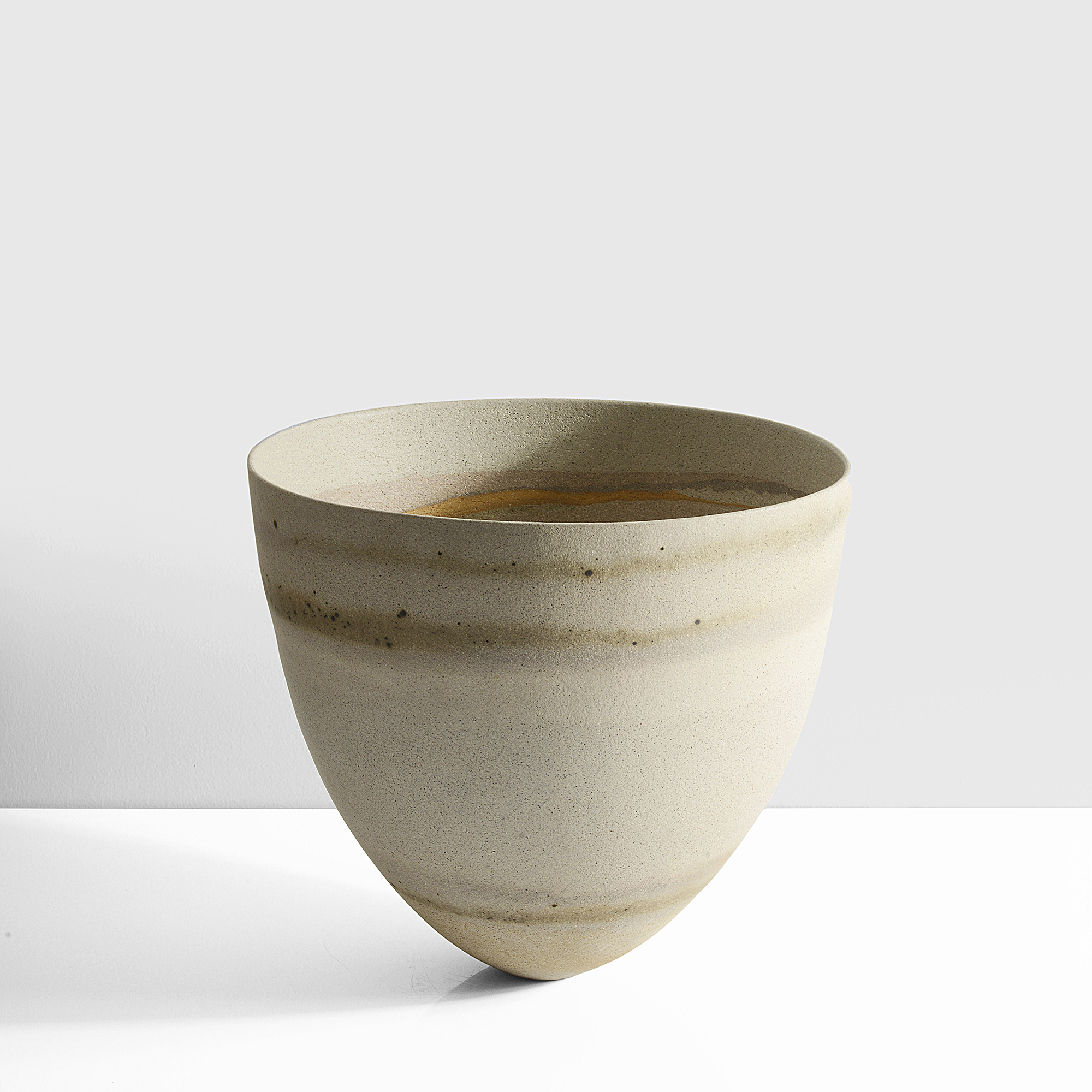 Maak, Jennifer Lee | Ceramic Stoneware, pale grey body with amber, coral and speckled bands, painted maker's mark